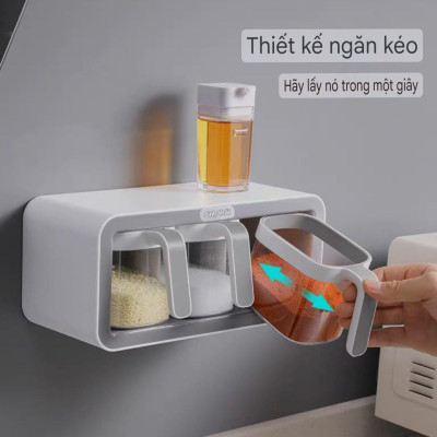 ( hàng cao cấp ) kệ hộp gia vị 3N & 2N -  hộp đựng gia vị thông minh kèm thìa bằng nhựa ABS gắn tường không cần khoan đục