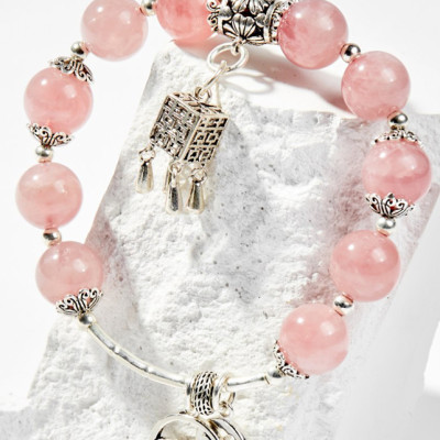 Vòng Tay Phong Thủy Đá Thạch Anh Hồng Phối Charm Đèn Lồng Bạc (10mm) Mệnh Hỏa, Thổ Ngọc Quý Gemstones