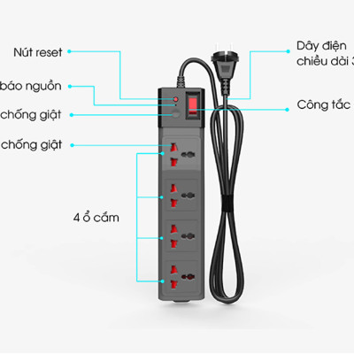 Ổ cắm Rạng Đông OC04 4C/3M/10A đa năng chống giật, công suất 2500W dây dài 3 mét - Hàng chính hãng