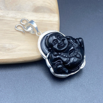 Mặt Dây Chuyền Nam Di Lặc Đá Đen Bọc Bạc Bạc Hiểu Minh MDN482