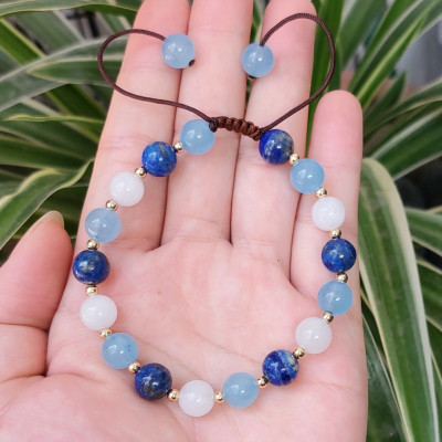 Vòng tay Nữ phong thủy đá Aquarium mix bi bạc tròn hút Tài Lộc Duyên kết dây cotton thủ công