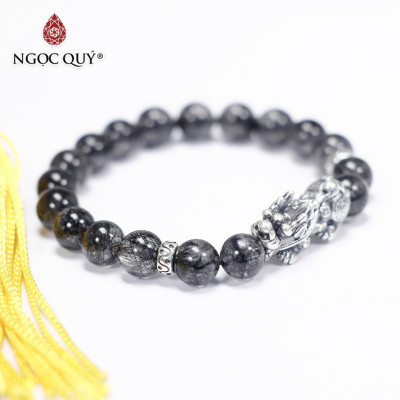 Vòng tay đá thạch anh tóc đen phối tỳ hưu bạc thái size hạt 8mm mệnh thủy, mộc - Ngọc Quý Gemstones