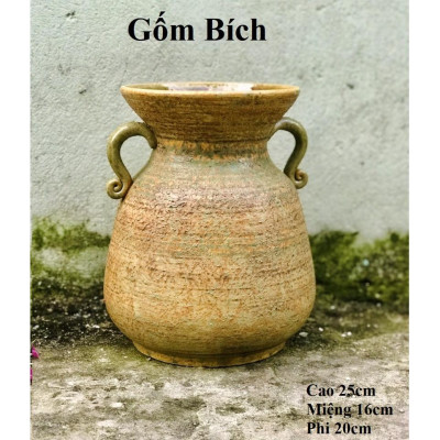 Bình Hoa Lọ Hoa Men Mộc Dáng Giỏ Cua Đắp Tai Gốm Sứ Bát Tràng - Gốm Bích