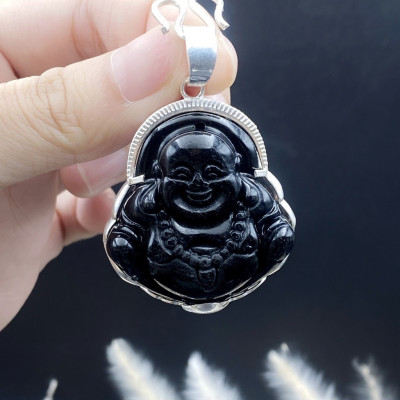 Mặt Dây Chuyền Nam Di Lặc Đá Đen Bọc Bạc Bạc Hiểu Minh MDN482