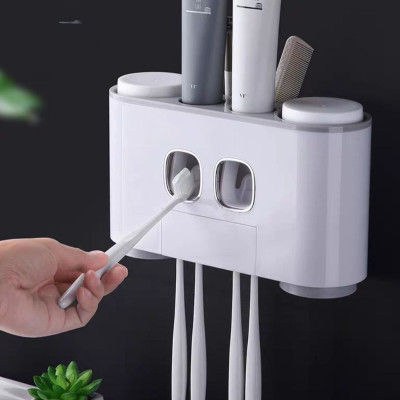 Hộp kệ đựng bàn chải kem đánh răng kèm 4 cốc 2 cửa nhả kem đánh răng thông minh dán tường vô cùng chắc chắn không cần khoan tường hay dùng ốc vít E-1802