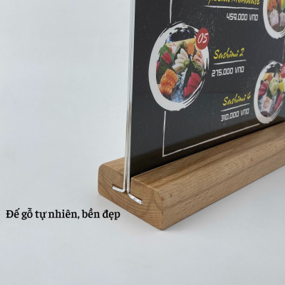 Kệ mica 2 mặt Enter E41 210x300mm đế gỗ A4 đứng, Kệ menu nhà hàng, Standee mica để bàn, Bảng quét mã QR Code