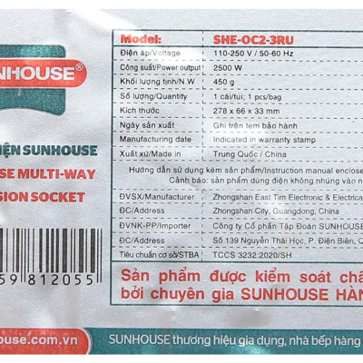 Ổ cắm điện Sunhouse 2 USB 3 lỗ 3 chấu 2.5m SHE- OC2-3RU - Hàng chính hãng