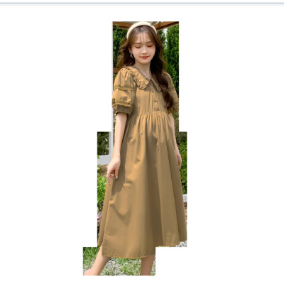 ĐẦM BẦU VÁY BẦU CỔ SEN CÀ PHÊ SỮA sau sanh có nút mở cho bé ti