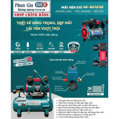 [chính hãƞg] Máy Nén Khí Không Dầu lên hơi nhanh Nakawa 15L, Động cơ siêu êm 100% lõi đồng, Bảo hành 1 năm