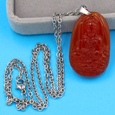 Vòng cổ mặt Văn Thù Bồ Tát - thạch anh đỏ 3.6cm DITTOB3 - dây inox bạc - kèm hộp nhung - tuổi Mão