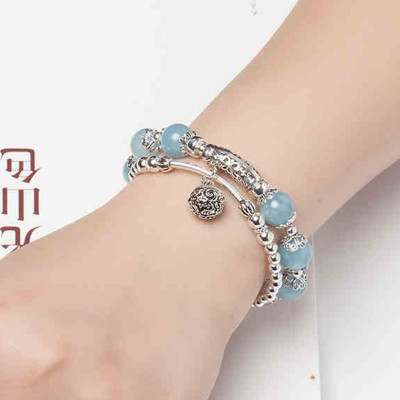 Vòng 2 line đá Aquamarine phối charm bạc size hạt 10mm mệnh thủy, mộc - Ngọc Quý Gemstones