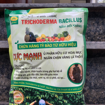 Combo 10 gói Chế phẩm vi sinh Trichoderma TRIBAC. Nấm đối kháng cực mạnh. Ngăn chặn tuyến trùng, nấm bệnh gây vàng lá thối rễ. Ủ phân chuồng hoai mục