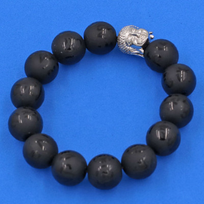 Vòng tay Đá Thạch Anh Đen Phật Chú 14 ly - cẩn hạt Như Lai inox trắng VTAEPMNLT14 - hợp mệnh Mộc, mệnh Thủy