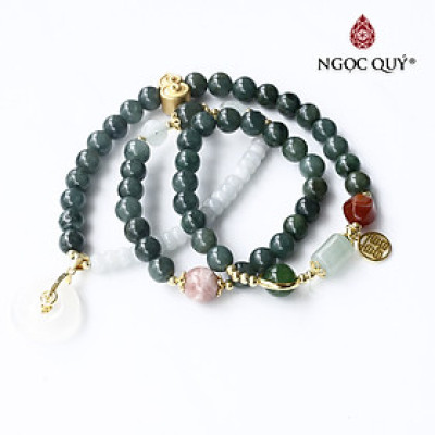 Vòng cẩm thạch 3 line phối charm bạc mạ vàng mệnh hỏa, mộc - Ngọc Quý Gemstones