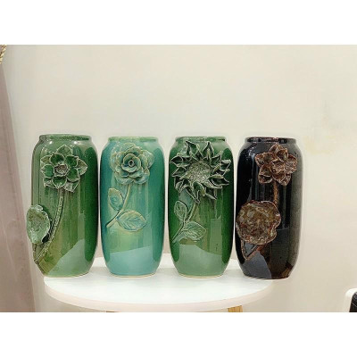 Bình cắm hoa men hỏa biến, họa tiết đắp nổi thủ công. Gốm sứ Bát Tràng.