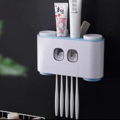 Hộp kệ đựng bàn chải kem đánh răng kèm 4 cốc 2 cửa nhả kem đánh răng thông minh dán tường vô cùng chắc chắn không cần khoan tường hay dùng ốc vít E-1802