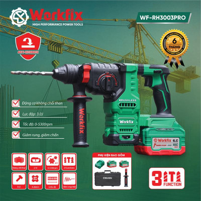 [Tặng Quạt Workfix 8 Inch + 1 Bộ Mũi Khoan Đục Bê Tông] Máy Khoan Đục Bê Tông 3 Chức Năng Dùng Pin 21V Workfix - WF-RH3003PRO - Có Anti-kickback, Giảm Rung RVT - 6 Tốc Độ - Chân Pin Phổ thông 2 Pin 21V/6Ah - Động Cơ Từ Lõi Đồng