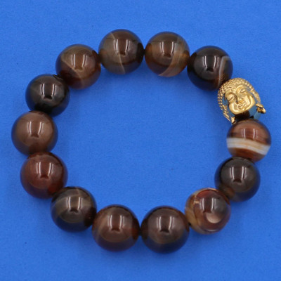 Vòng đeo tay Mã Não Nâu Sọc 14 ly cẩn hạt Phật A Di Đà inox vàng VMNNSNLV14 - hợp mệnh Kim, mệnh Thổ