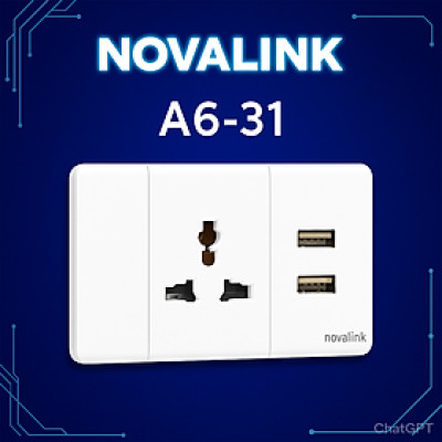 Ổ điện đa năng kèm 2 ổ sạc USB 5V-2.1A âm tường A6-31 Novalink chính hãng. Đủ thuế VAT, COCQ