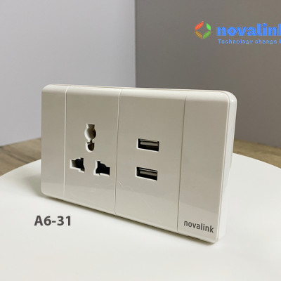 Ổ điện đa năng kèm 2 ổ sạc USB 5V-2.1A âm tường A6-31 Novalink chính hãng. Đủ thuế VAT, COCQ