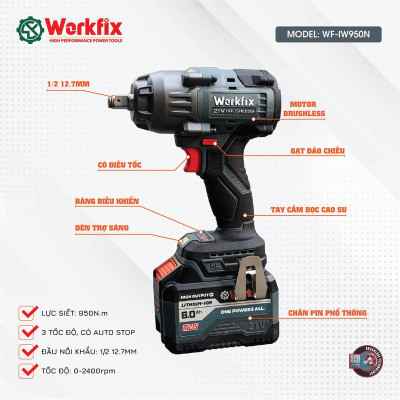 Máy Siết Bulong Workfix 950N.m - WF-IW950N - MÀU XÁM - 3 Cấp Tốc Độ - Motor Brushless - Mở Ốc Lớn Từ 36mm Trở Xuống - Chân Pin Phổ Thông 2 Pin (1 Pin 10 Cell + 1 Pin 15 Cell)  - Bảo Hành Chính Hãg