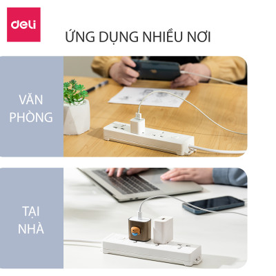 Ổ Cắm Điện Đa Năng Kèm Cổng USB Có Công Tắc Tải 2500W Nắp Chống Giật Chống Cháy Chất Lượng Cao Deli - Dây 2M/3M/5M - ET401 411