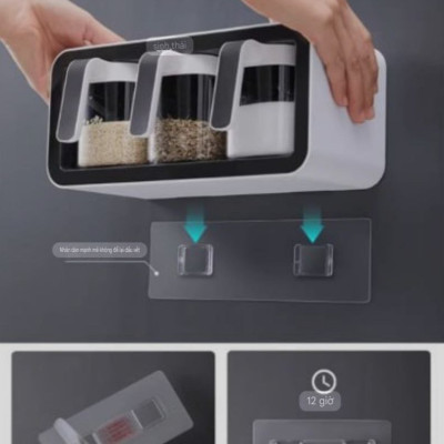 ( hàng cao cấp ) kệ hộp gia vị 3N & 2N -  hộp đựng gia vị thông minh kèm thìa bằng nhựa ABS gắn tường không cần khoan đục