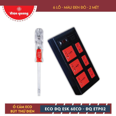 Combo Ổ cắm Điện Quang ECO ĐQ ESK 2BR 6ECO (6 Lỗ, dây dài 2m, màu đen đỏ) và Bút thử điện Điện Quang ĐQ ETP02 R đổi đầu