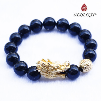 Vòng thạch anh tóc đen 12mm phối charm rồng bạc mạ vàng 24k mệnh thủy, mộc - Ngọc Quý Gemstones