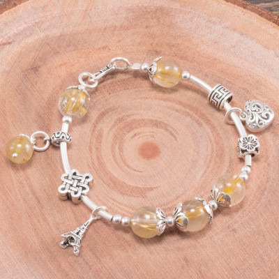 Vòng tay thạch anh tóc vàng phối charm trái tim bạc (10mm) Ngọc Quý Gemstones