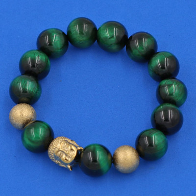 Vòng chuỗi đeo tay Đá Mắt Hổ Xanh Lá 14 ly - Vòng tay Phật A Di Đà inox vàng VMHXLNLVHB14 - hợp mệnh Hỏa, mệnh Mộc - Vòng đeo tay size lớn