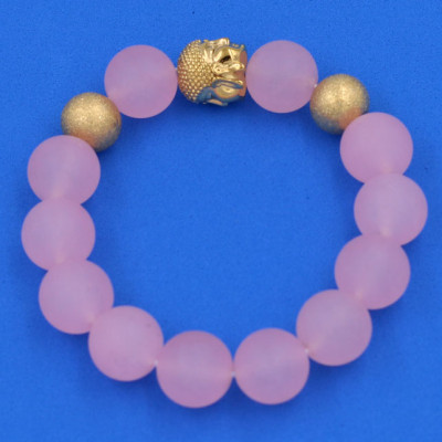 Chuỗi đeo tay Thạch Anh Hồng Phấn Mờ 14 ly - Vòng tay Phật A Di Đà inox vàng VTAHPMNLVHB14 - hợp mệnh Hỏa, mệnh Thổ - Vòng đeo tay size lớn