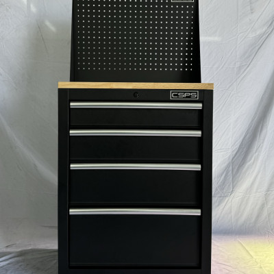 Tủ dụng cụ CSPS 61cm - 04 hộc kéo màu đen chân tăng chỉnh ván gỗ vách lưới (tay cầm trắng)