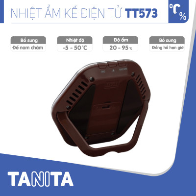Nhiệt ẩm kế điện tử TANITA TT573 chính hãng nhật bản,thiết bị đo độ ẩm nhiệt độ chính xác,màn hình rõ ràng,hiển thị ngày giờ chuông báo thức,có lỗ treo,chân để bàn phù hợp trong phòng lạnh, bệnh viện, gia đình có trẻ sơ sinh