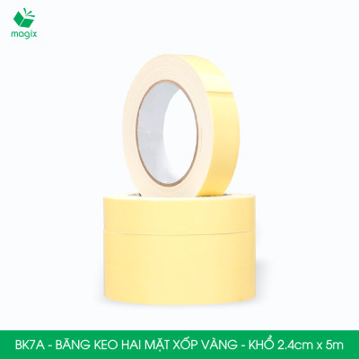 BK7A - 5 cuộn băng keo xốp 2 mặt siêu dính - Khổ 2.4cm x 5m - Băng dính xốp vàng, băng keo hai mặt