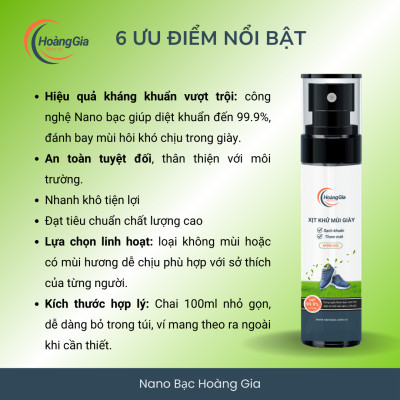 Xịt Khử Mùi Khử Khuẩn Giày Dép Nano Bạc Hoàng Gia HGshop 100ml Bảo Vệ SK Giảm Hôi Chân