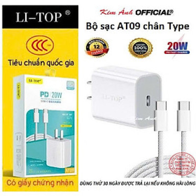 Bộ sạc LI-TOP AT09 chân cắm Type C, sạc nhanh PD 20W có chứng nhận 3C tiêu chuẩn an toàn quốc gia, hàng chính hãng