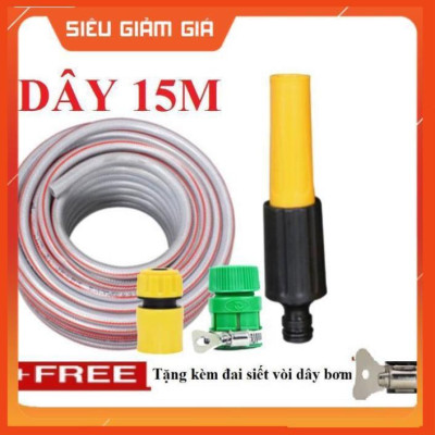 Bộ dây vòi xịt nước rửa xe, tưới cây . tăng áp 3 lần, loại 15m 206622-5 cút sập,nối vàng+ tặng đai