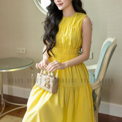 Đầm vàng nhún eo NGADO , đầm dài , đầm sát nách , đầm kiểu Nữ