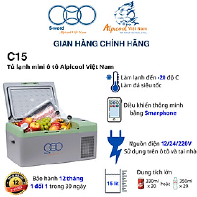 Tủ lạnh ô tô thông minh Alpicool Việt Nam 15 lít - C15 - làm đá nhanh kiêm hộp đựng thực phẩm, kiêm thùng đá cho tài xế, lái xe