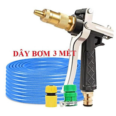 Bộ dây vòi xịt nước rửa xe, tưới cây . tăng áp 3 lần, loại 3m, 5m 206236A đầu đồng, cút, nối PE, d.vàng