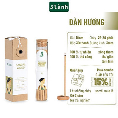 Nhang Thủ Công Đàn Hương 3 Lành Hộp 30 Que 100 % Tự Nhiên Tặng Kèm Đế Chăm Không Hóa Chất Xông Thơm