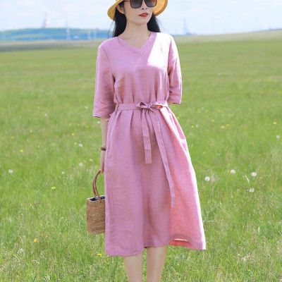 Đầm suông linen nữ cổ V, thiết kế trơn basic, thời trang nữ thanh lịch, nhẹ nhàng NH198 hồng