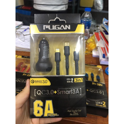 Tẩu sạc nhanh kèm dây cáp 3 đầu Ô tô chính hãng Pugan với 2 chức năng sạc thông minh và sạc siêu tốc 4.8A