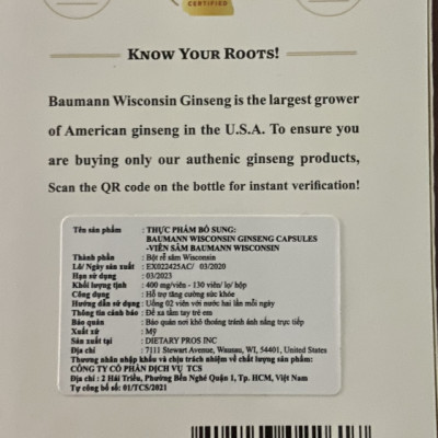 Sâm Mỹ-Sâm Hoa Kỳ thương hiệu Baumann dạng viên-100% American Gingseng-1 Chai 130 viên 400 mg