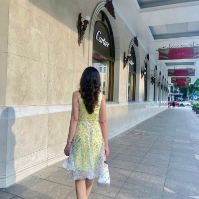 Đầm Xoè Nữ Tính, Thanh Lịch Soleil DRE218Floral hoa vàng thời trang thiết kế Hity