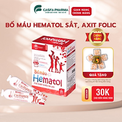 Bổ máu HEMATOL Hanopharco, sắt, axit folic cho bà bầu, người thiếu sắt, hộp 20 gói x 10ml