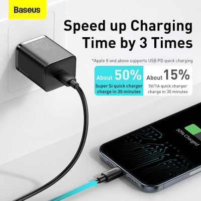 Bộ sạc nhanh 20W USB Type C Baseus Super SI Quick Charger QC3.0 cho iPhone 12 (1C, 20W, Chân dẹt) -Hàng Chính Hãng