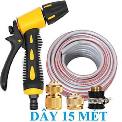 Vòi Xịt️Evoucher Bộ dây vòi xịt nước rửa xe, tưới cây , tăng áp 3 lần, loại 15m 206319 đầu đồng,cút đồng+ đai