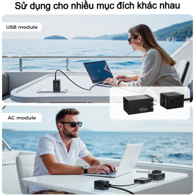 Bộ sạc nhanh GaN Pro 65W (2 Type C+ 2 USB-A) Choetech PD8054 kèm dây AC nối dài 1.5m - Hàng chính hãng